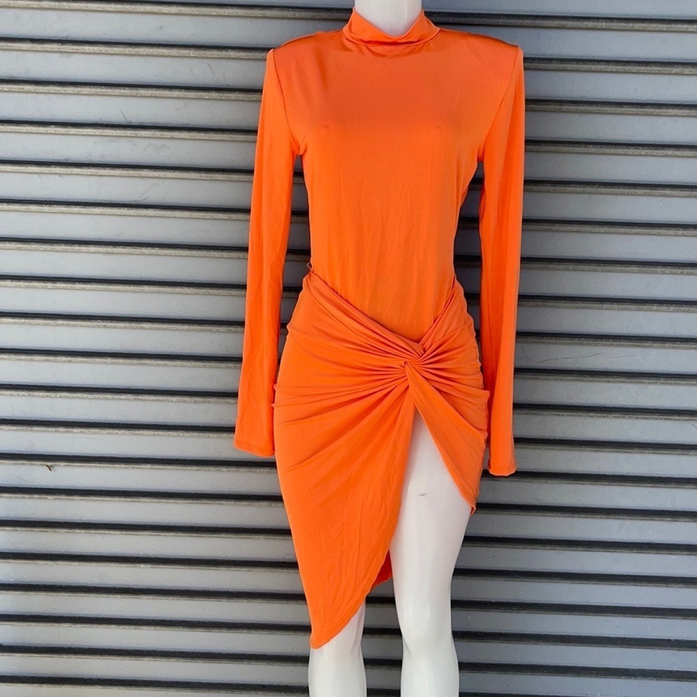 Women’s Orange Long Sleeve Knot-Waist Skirt Set Size L